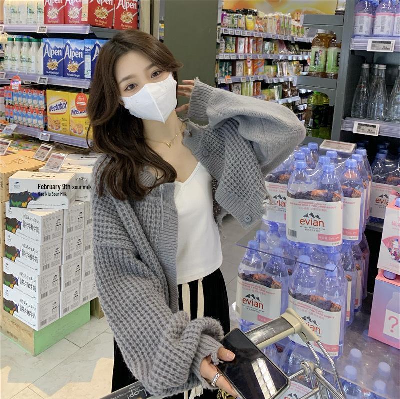 Women's Gray Knit Cardigan – Loose Design for Spring and Autumn, Long Sleeve Top