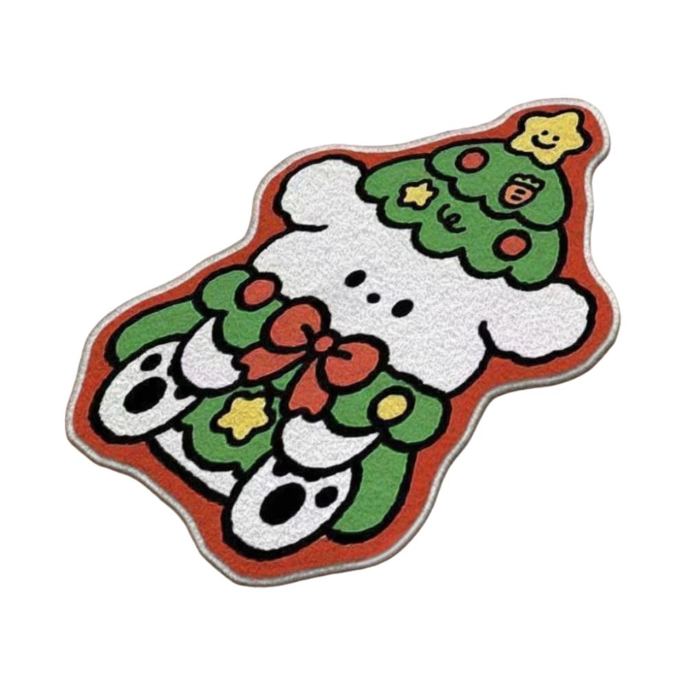 

Cartoon Christmas Carpet Xmas Tree Shape Imitation Cashmere Bedroom Rug Non-Slip Backing Soft Bed Side Carpets