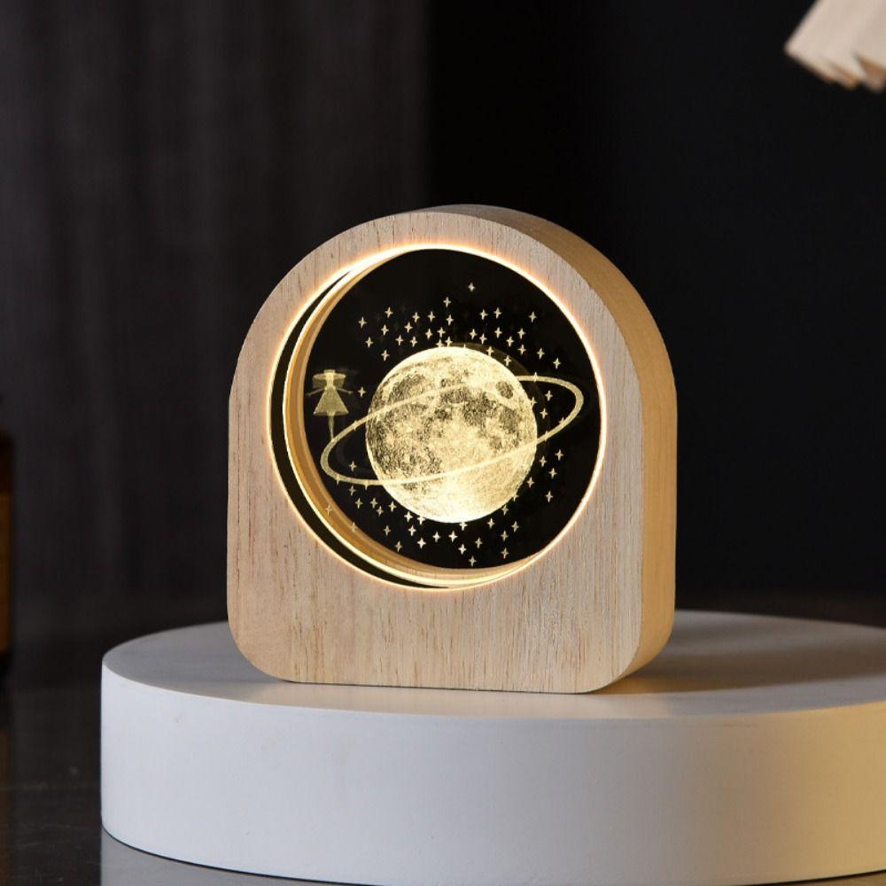 Warm Lights 3D Engraved Lamp Wooden Base Plug and Play Wood Crystal Night Light Decorative Laser Engraved