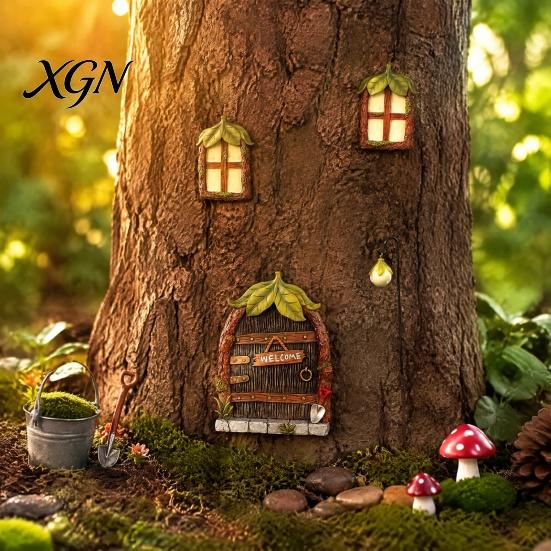 Waterproof Tree Trunk Decor 1 Set Fairy Door Windows And Lamp, Garden Accessories, Miniature Outdoor House Glow in The Dark Gnome for Yard Decoration