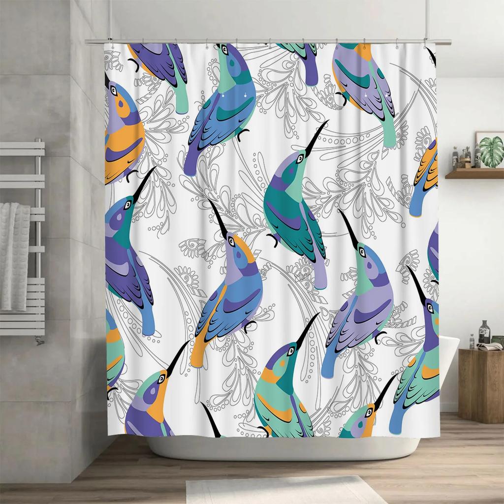 Colorful Birds Shower Curtain Modern Hummingbird Print for Bathroom Decor Washable Fabric Easy Installation Rings Included