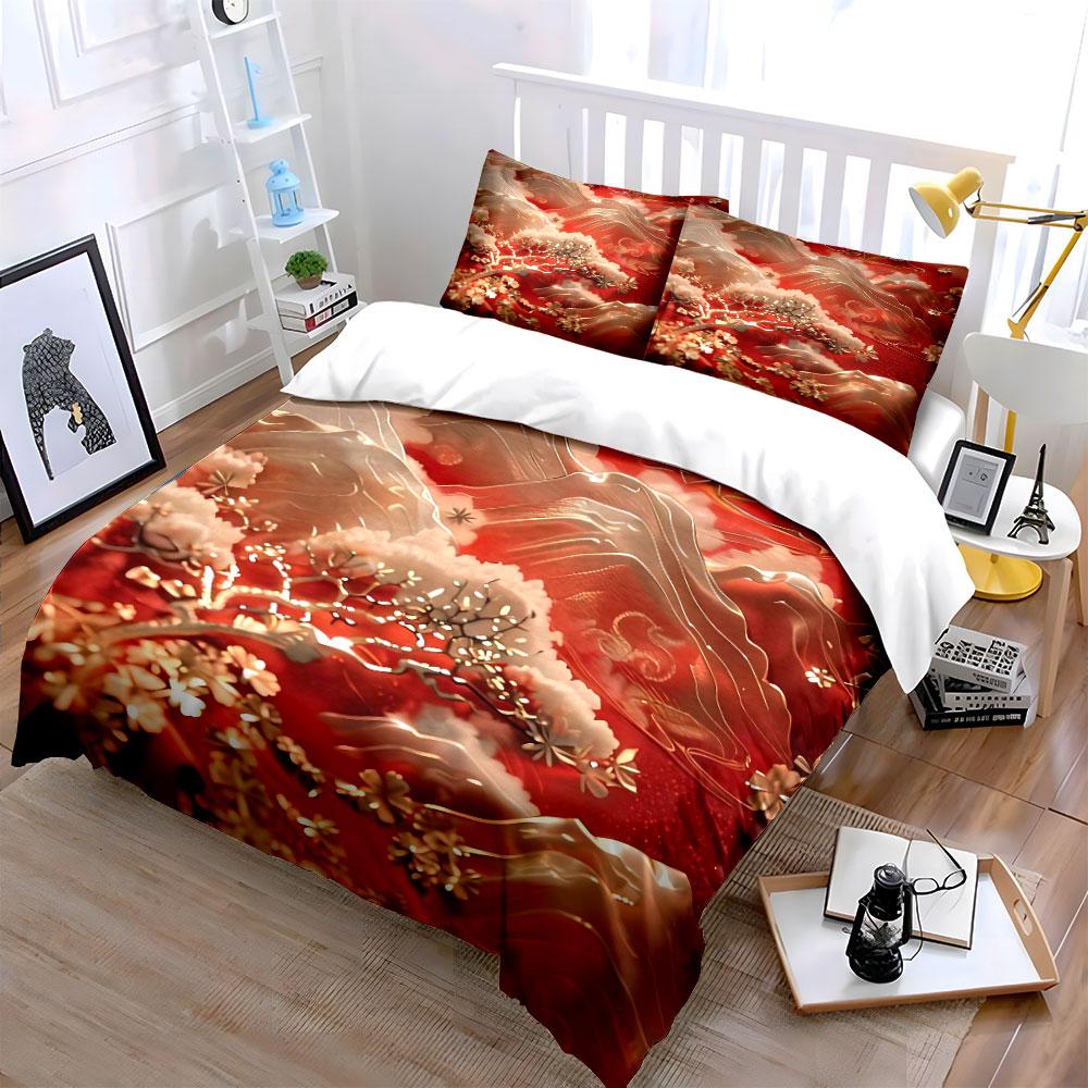 "Red Landscape Art Set Decoration" Soft Skin-Friendly Bedding Set Includes 1 Duvet Cover And 2 Pillowcase Gift