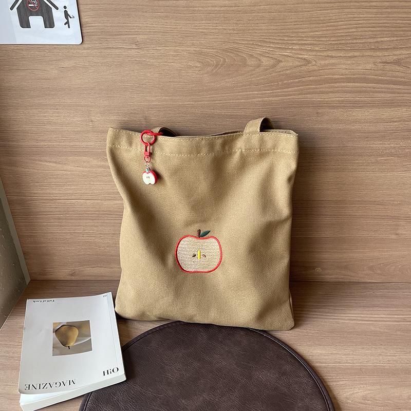 2025 New Canvas Bag Christmas Cute Apple Embroidery New Tote Bag Art College Student Shoulder Bag