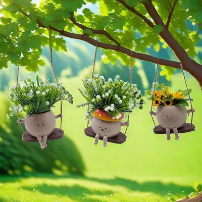 Hanging Planter Swing Face Plant Pot - Cute Resin Head with Drainage Hole Indoor Outdoor Succulent/String of Pearls Flower Pots