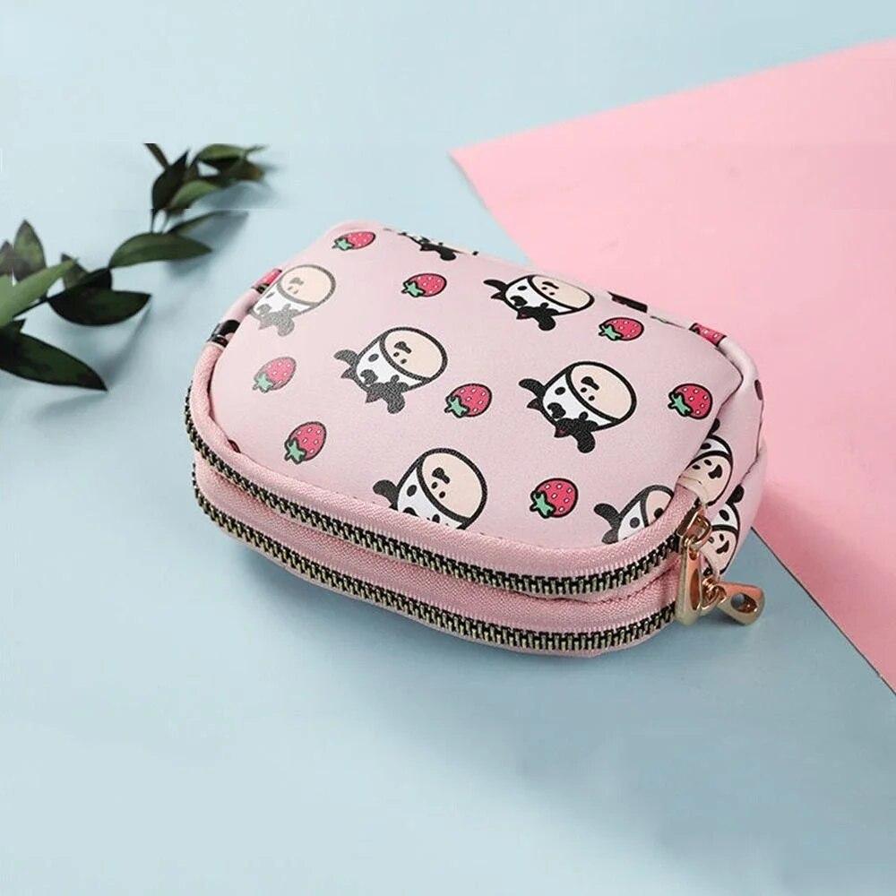 Милый кошелек для монет с коровьим узором для женщин, кошелек для карт, студенческий двойной карман на молнии, сумка для ключей, портативная помада, сумка для хранения банковских карт