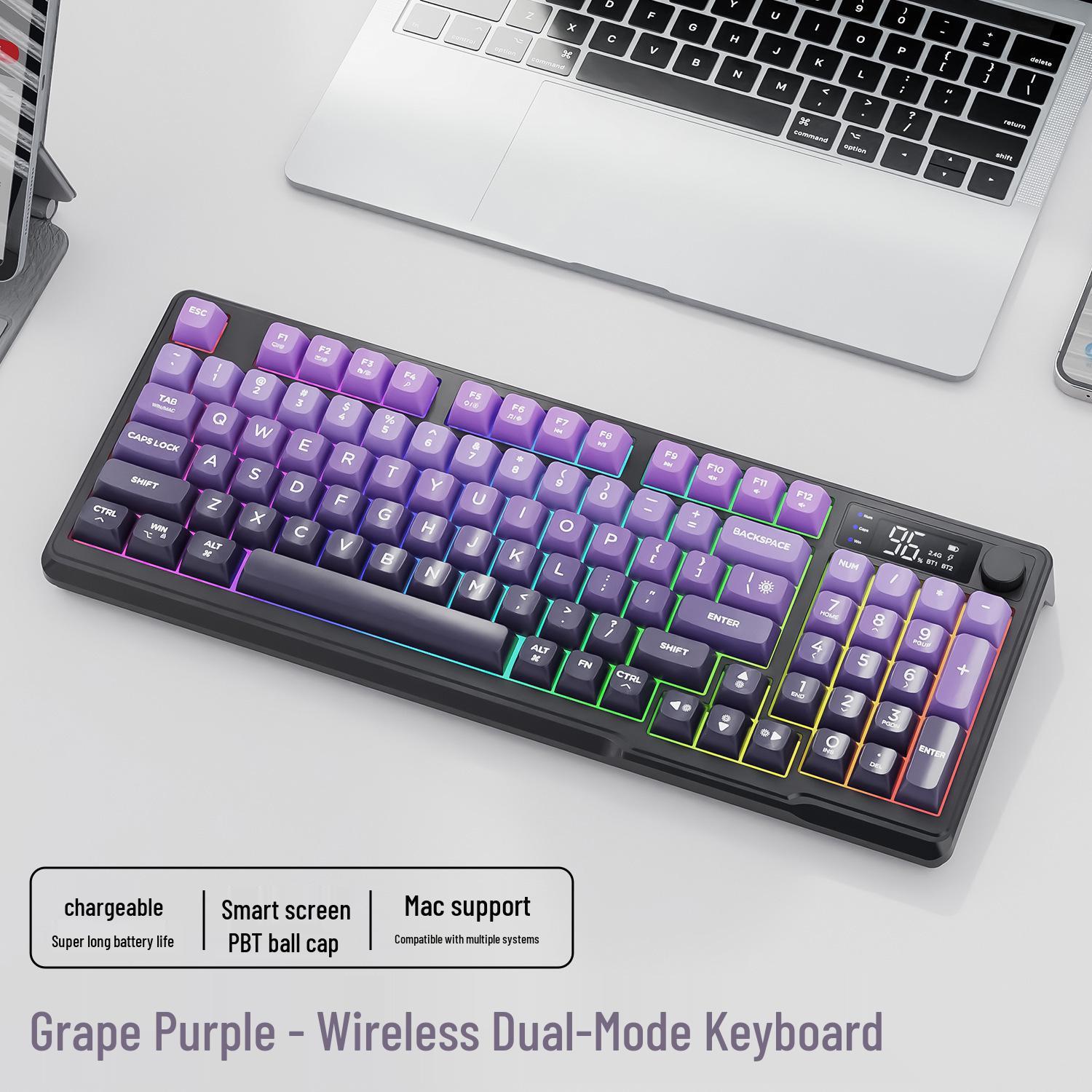 

Free Wolf M96 Wireless Dual-Mode Bluetooth Gaming Keyboard with PBT Gradient Spherical Keycaps and Display Screen.