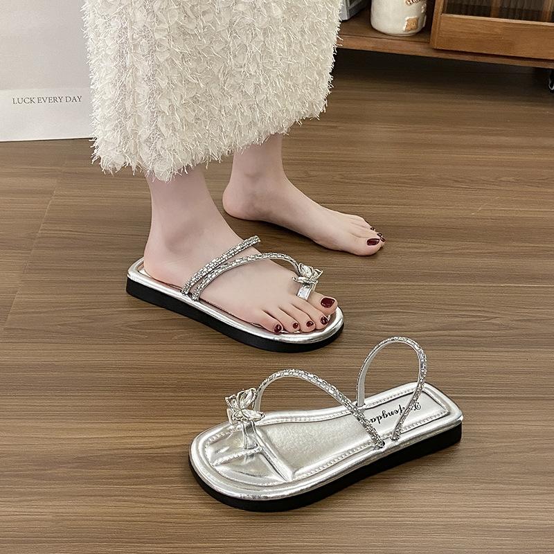 Flat Bottom French Set Toe Small Cool Slippers Women's 2025 New Summer Soft Bottom with Skirt Rhinestones Beautiful Seaside Sandals