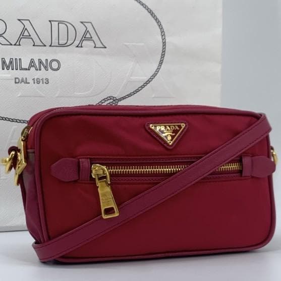 PRADA Shoulder Bag Pochette Crossbody Diagonal Strap Tessuto Nylon Gold Hardware Leather Pink Women's Triangle Logo Plate