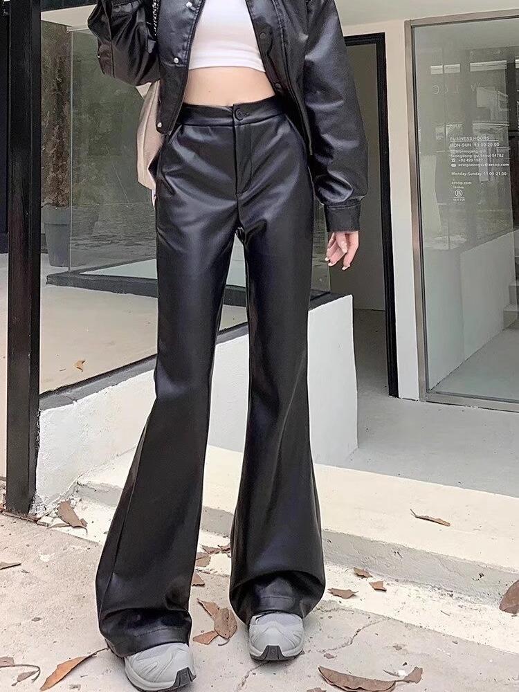 Women's Black Fall Slim-Fit PU Leather Slightly Flared Casual Slimming High-Waisted Long Pants