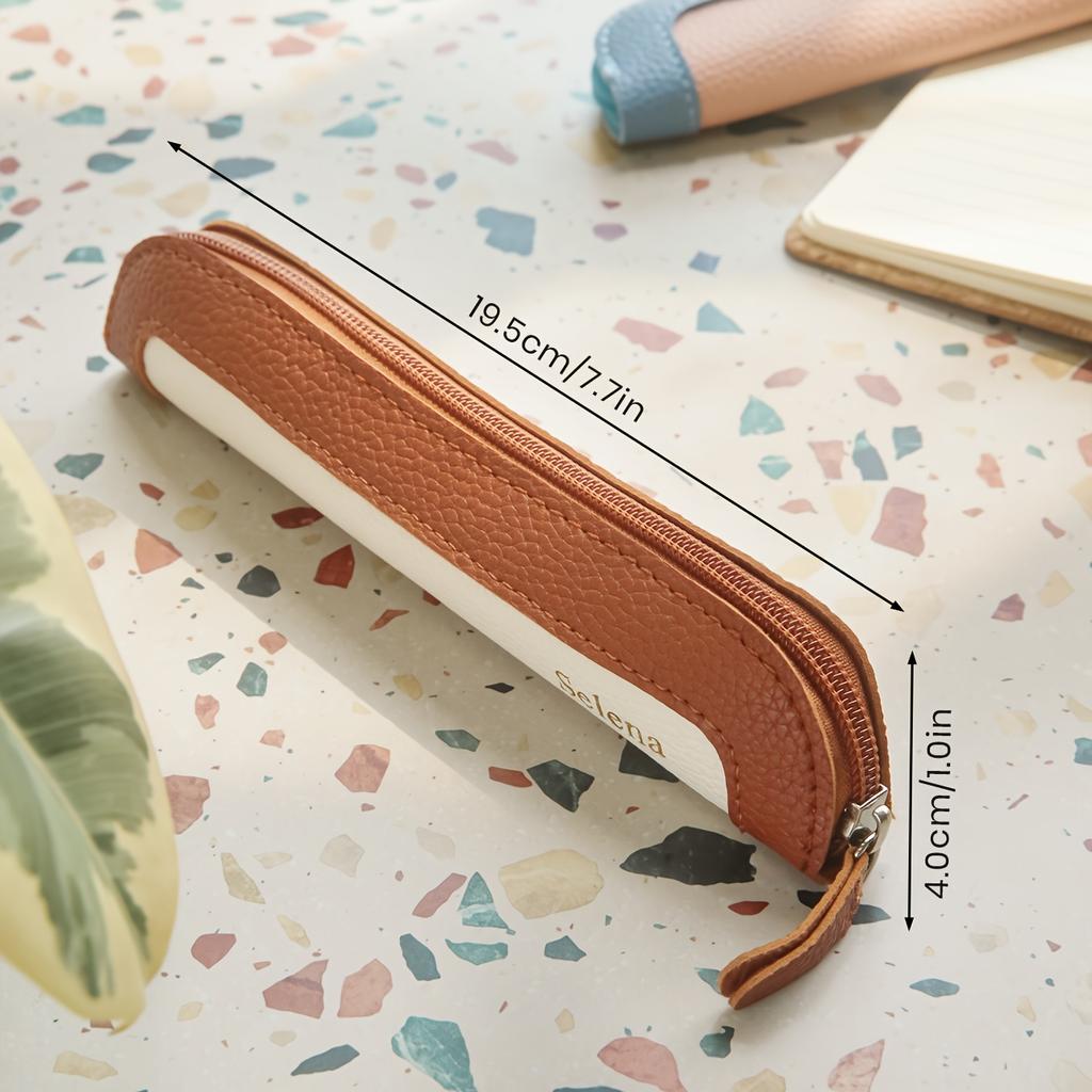 2pcs Personalized Vegan Leather Pen Case Customized Name Color Blocked Pencil Case with Zipper Label Hot Stamping And Pencil Storage Office Stationery
