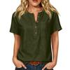 Women Henley Neck Button Down Short Sleeve Shirt Casual Linen Cotton Top with Chest Pocket for Daily Wear