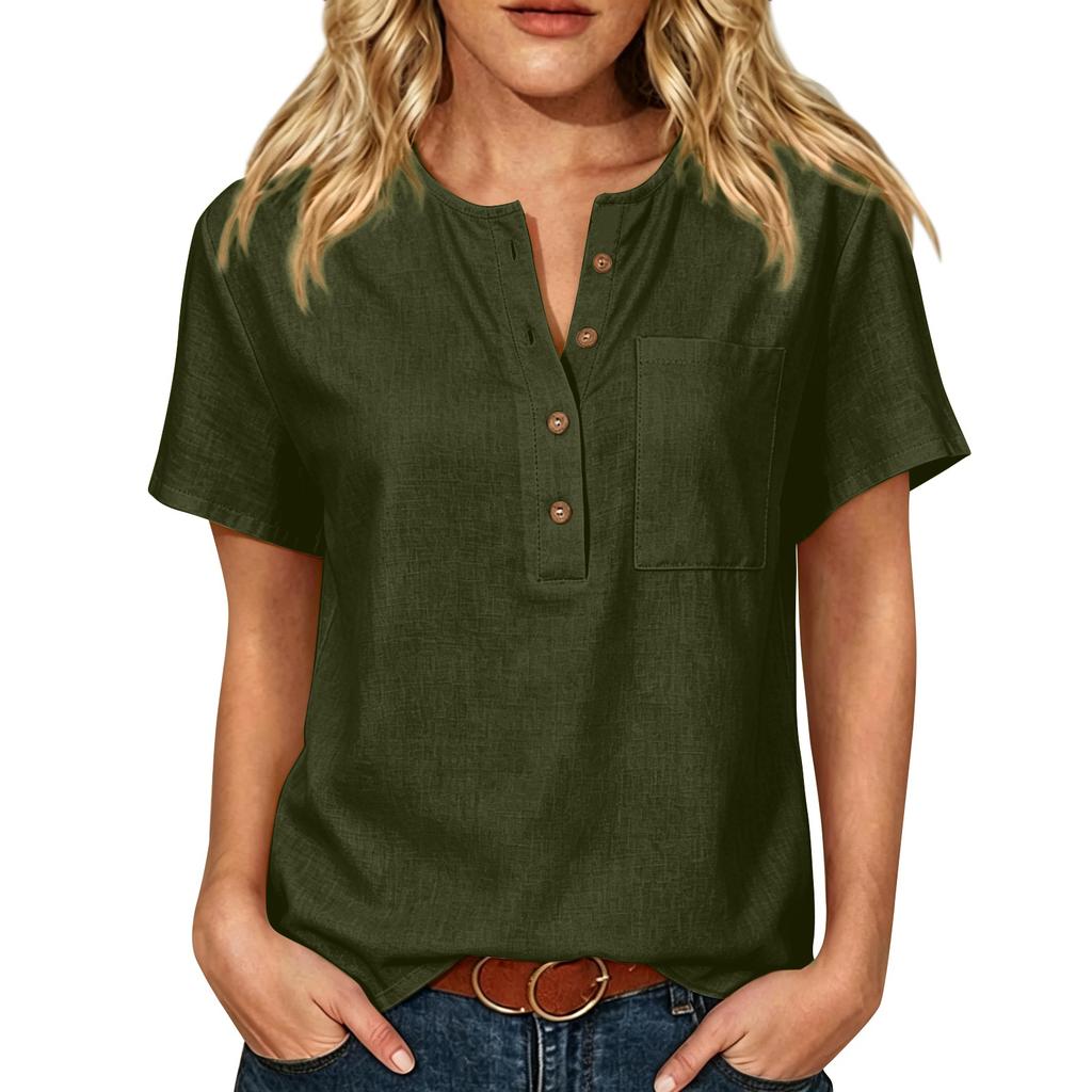 Women Henley Neck Button Down Short Sleeve Shirt Casual Linen Cotton Top with Chest Pocket for Daily Wear