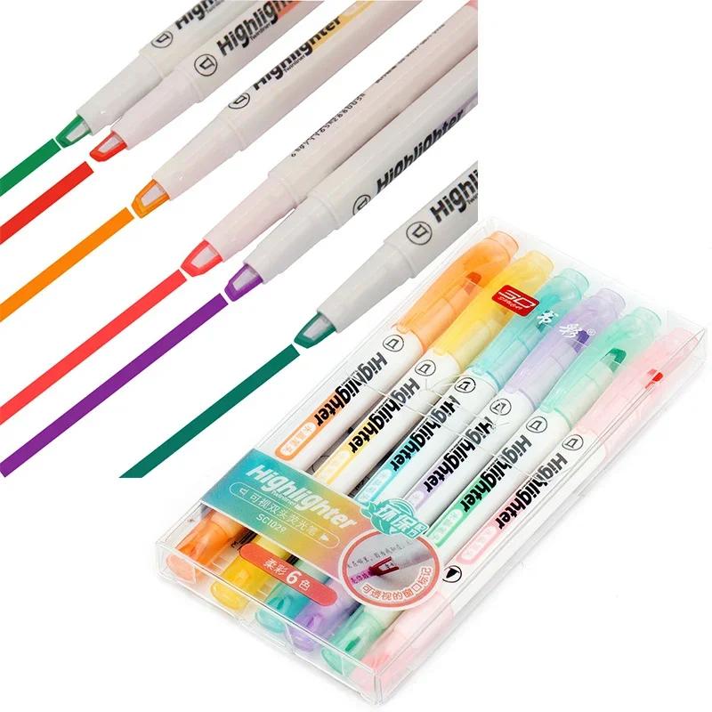 6 Colors/Set Unique Window Tip Highlighter Pen Double Head Pastel Color Midline Highlighters Marker School Stationery Supplies