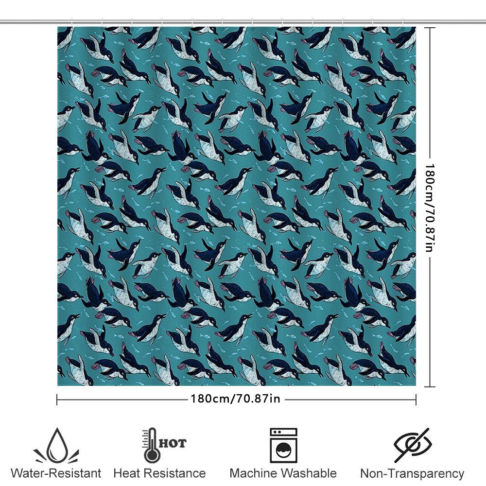 Rideau de douche manchot unique Oiseaux de l'océan bleu Ensemble de décoration de salle de bain Tissu imperméable Lavable Textile d'intérieur moderne