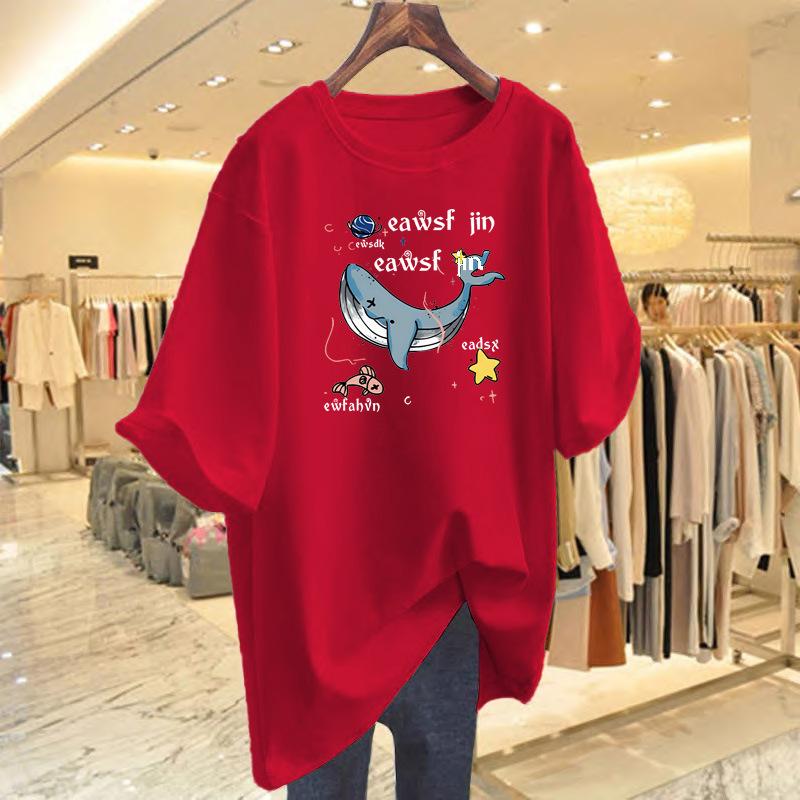 New whale print cotton casual short-sleeved loose top summer cartoon pattern t-shirt women