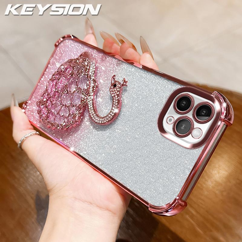 KEYSION Shockproof Plating Phone Case for iPhone 11 12 Pro Max Clear TPU Glitter Jewelled Swan kickstand Back Cover for iPhone 11