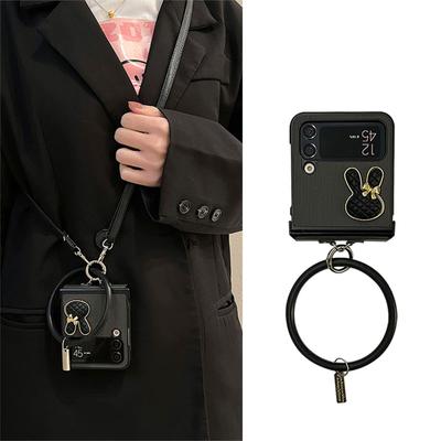 Korean Luxury Crossbody Lanyard Leather Strap Bunny Black Stripe Case For Samsung Galaxy Z Flip3 Zflip4 Z Flip 3 4 5g Cover