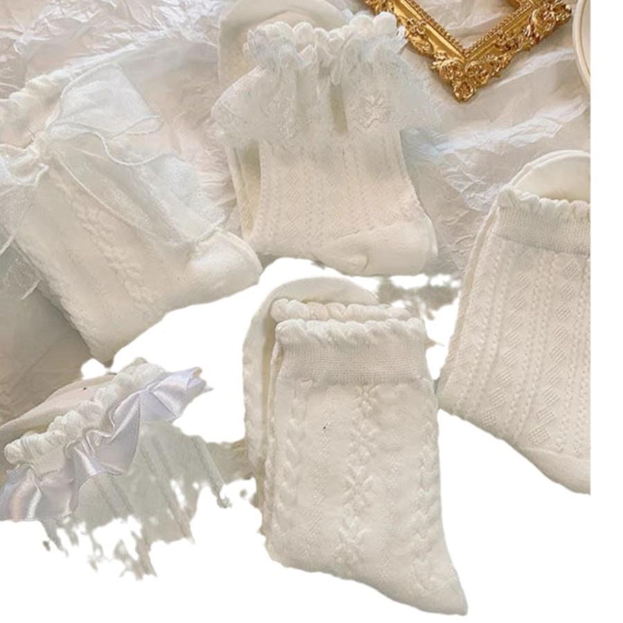 Calcetines de Verano de Encaje hasta Media Pantorrilla con Lazo Blanco Lolita para Mujer - Dulce Estilo Escolar Japonés JK Diseño de Princesa