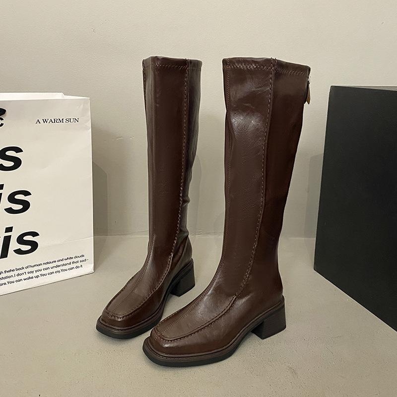 

Vintage thick heel medium heel boots women s soft leather boots 2025 autumn long legs and thin square head side zip knight boots 35