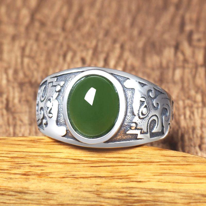 Women Vintage Green Gem-Stone Open Adjustable Finger Ring Imitation Jade Alloy Green Rings For Men Cute Accessories