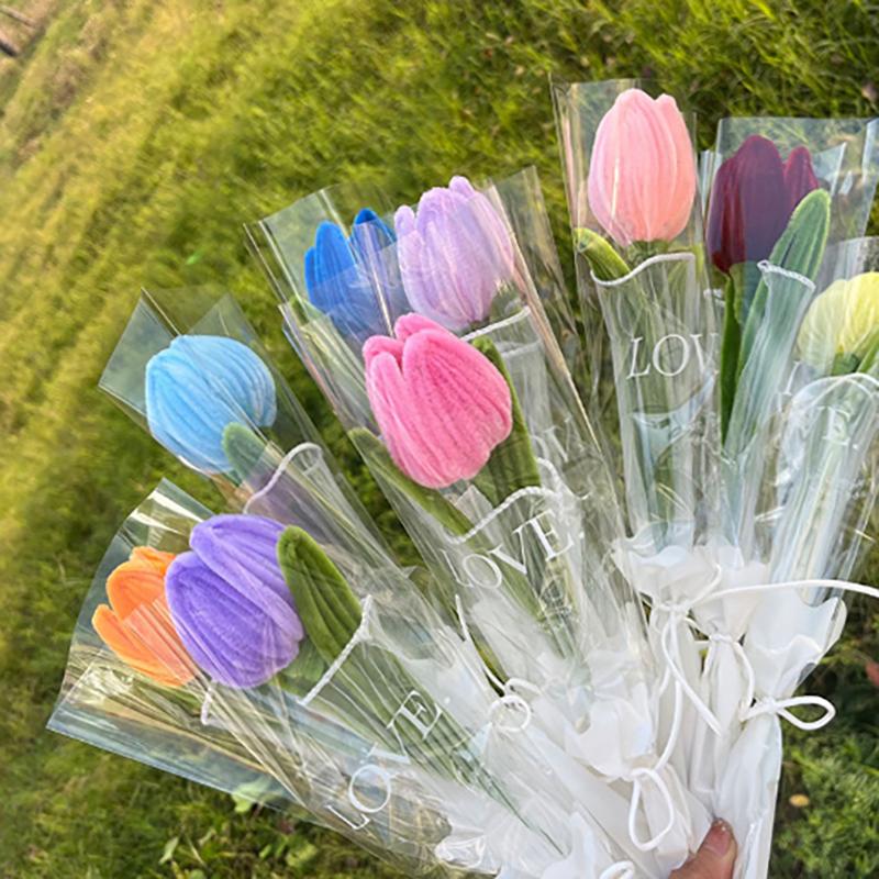 Knitting Flower Rose Tulips Single Bouquet Simulation Flower Home Decoration Wedding Hand-Knitted Crochet Fake Floral