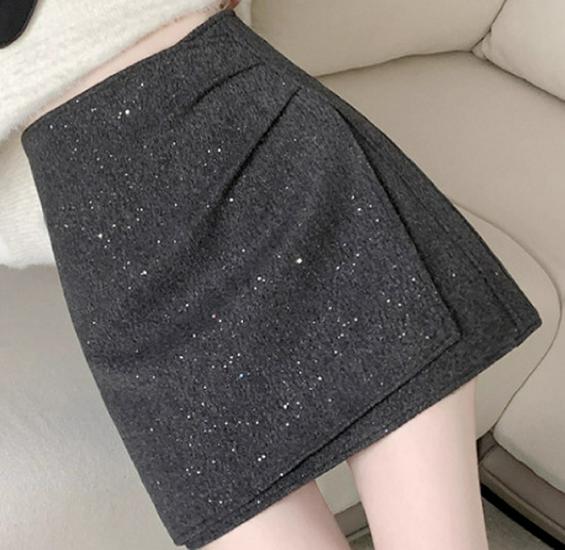 French Chic Glitter Bodycon Pleated Wool Blend Mini Skirt - High-Waisted Irregular Design for Autumn/Winter