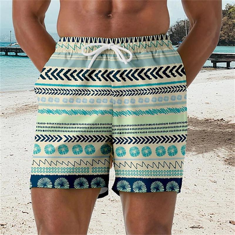 Hawaiian Ethnic Pattern Beach Shorts For Men Geometric Pattern 3D Printed Swimming Trunks Unisex New Summer Vacation Short Pants