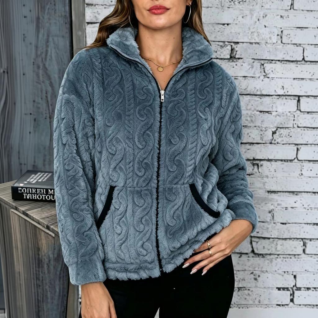 Women's Zip-Up Cardigan Soft Plush Warm Outerwear with Pockets for Fall and Winter