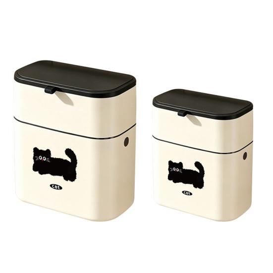 Garbage Can One-Hand Operation Sliding And Lifting Cover Dual Opening Way Trash Bin with Black Cat Print Trash Can for Kitchen Cabinet