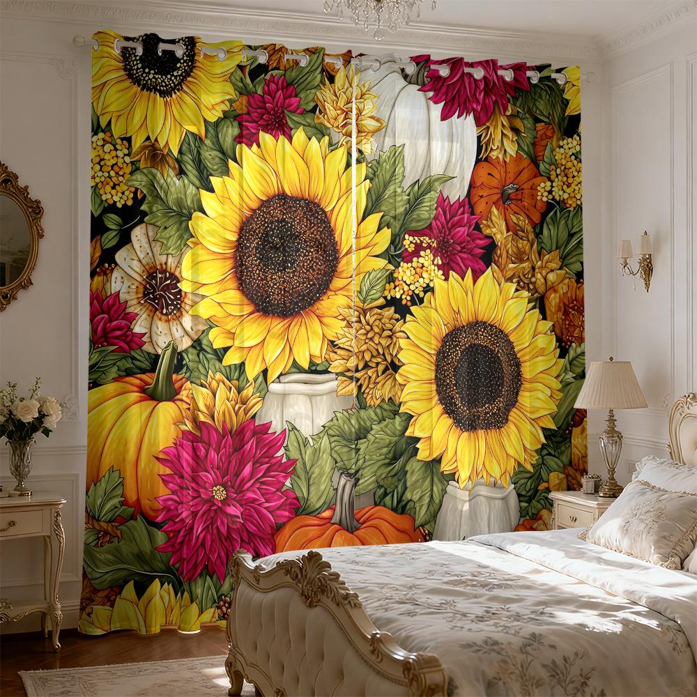 2pcs Autumn Sunflower and Pumpkin Floral Print Double Curtains Living Room and Bedroom, Perfect for Blocking Out Light
