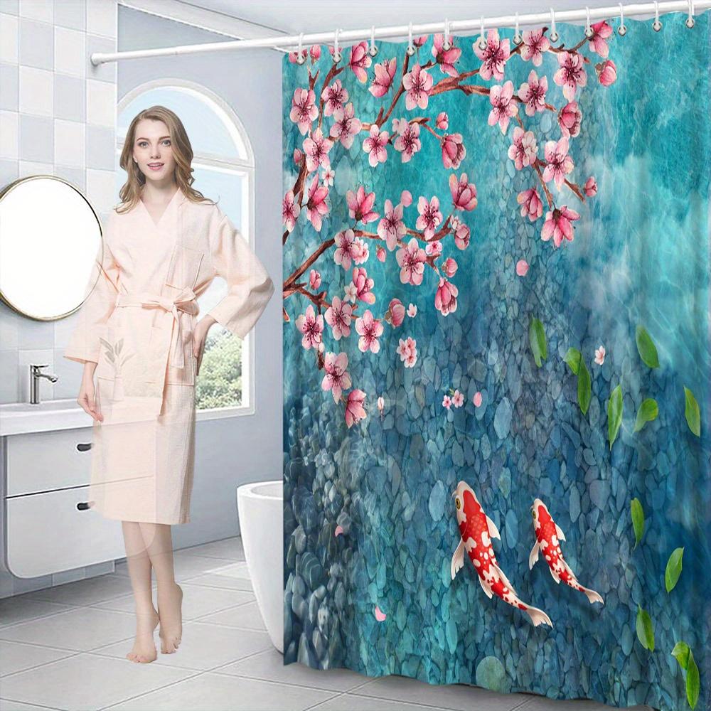 1 szt. Spokojna Sztuka Ryb Koi i Kwiatów Wiśni Zasłona Prysznicowa - Turkusowa Woda z Kwitnącą Sakurą, Żywe Pomarańczowe i Różowe Kwiatowe Des