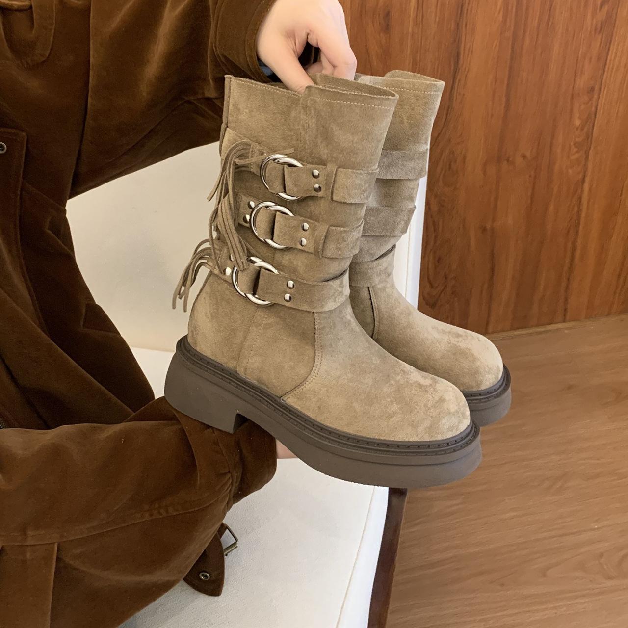 

Thick-soled medium tube Martin boots women s shoes 2025 new black British wind locomotive boots short boots spring and autumn western single boots 40 хаки