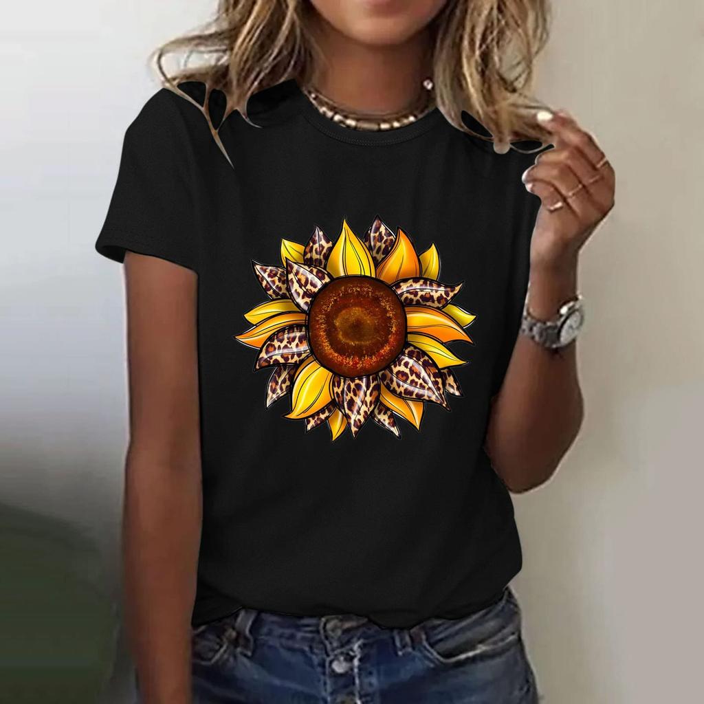 Sunflower Ladies Cute Print Short Sleeve Round Neck Front Shoulder Vintage Short Sleeve Summer Loose Shirt Top