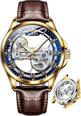 Mechanické Automatické Ruční Natahování Hodinky s Průhledným Skeletem Módní a Stylové Kožené Hodinky se Svítícími Vodotěsnými a