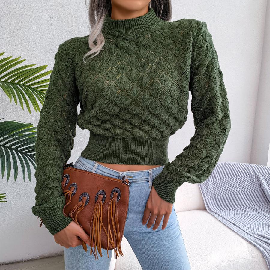 

Autumn Winter 3D Geometric Long Sleeve Crop Knit Sweater Women s Clothing L армія зелений колір