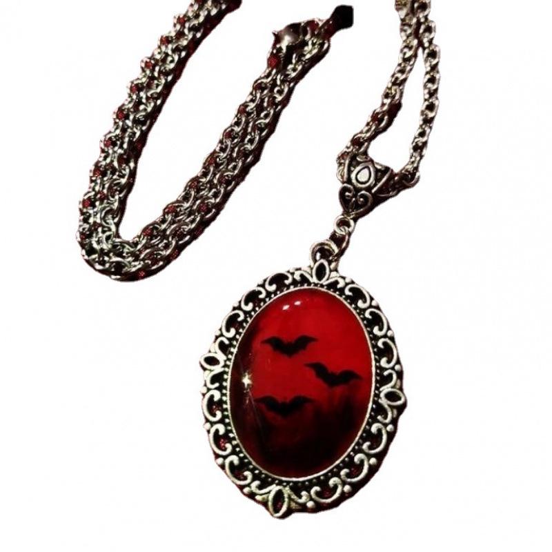 Gothic Dracula-Inspired Blood and Bats Resin Pendant Necklace