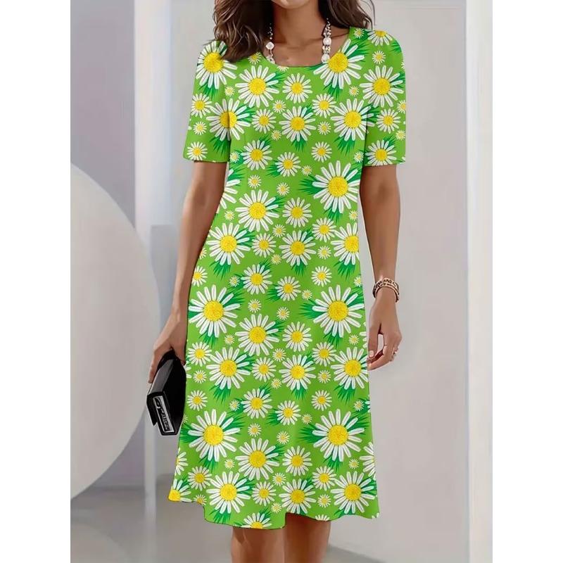 Summer Women Dress Casual Loose Short Sleeve O-Neck Print Mini Dress