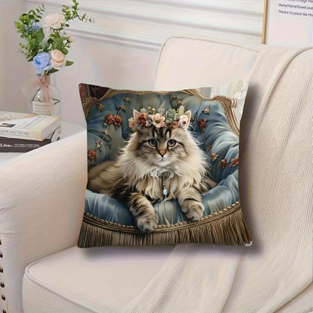 Regal Royal Cat Throw Pillow Cover, Victorian Longhair Cat With Flower Crown On Ornate Chair Decorative Pillow Case Peach skin 18*18(CM)-1Pcs