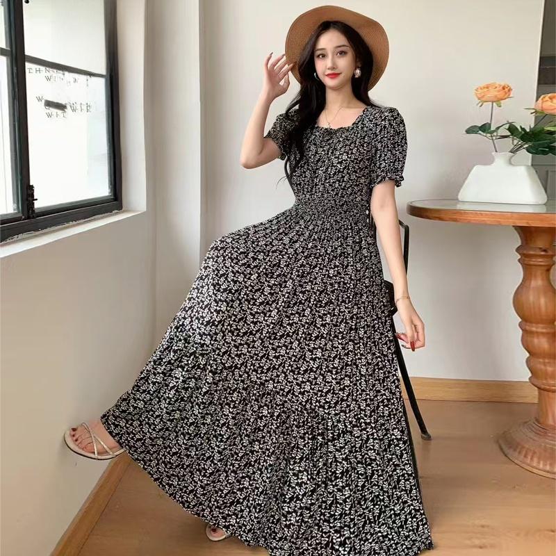 Summer Cotton Silk Floral Print Maxi Dress Bohemian Beachwear High Waist Young Women's Large Skirt Swing Dress