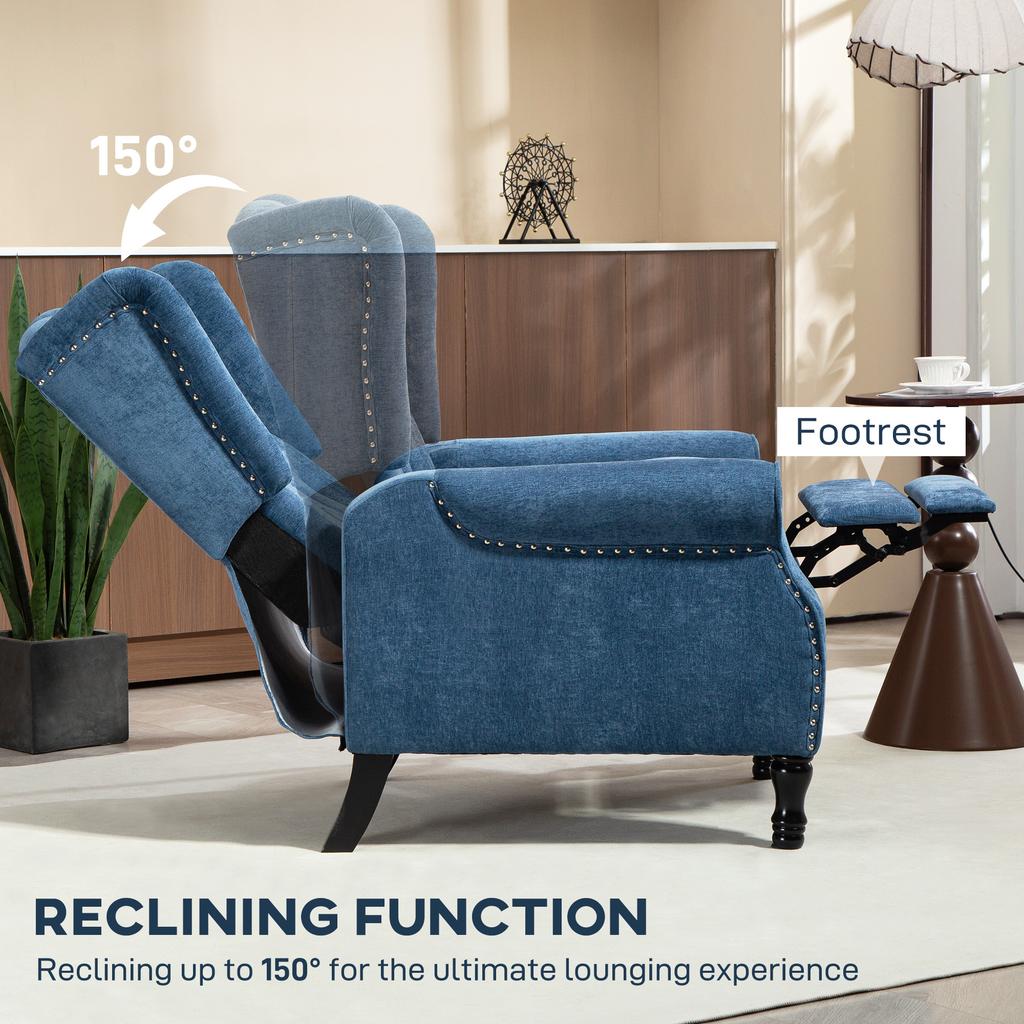 150 degrees Reclining Vintage Armchair, with footrest, Royal Blue
