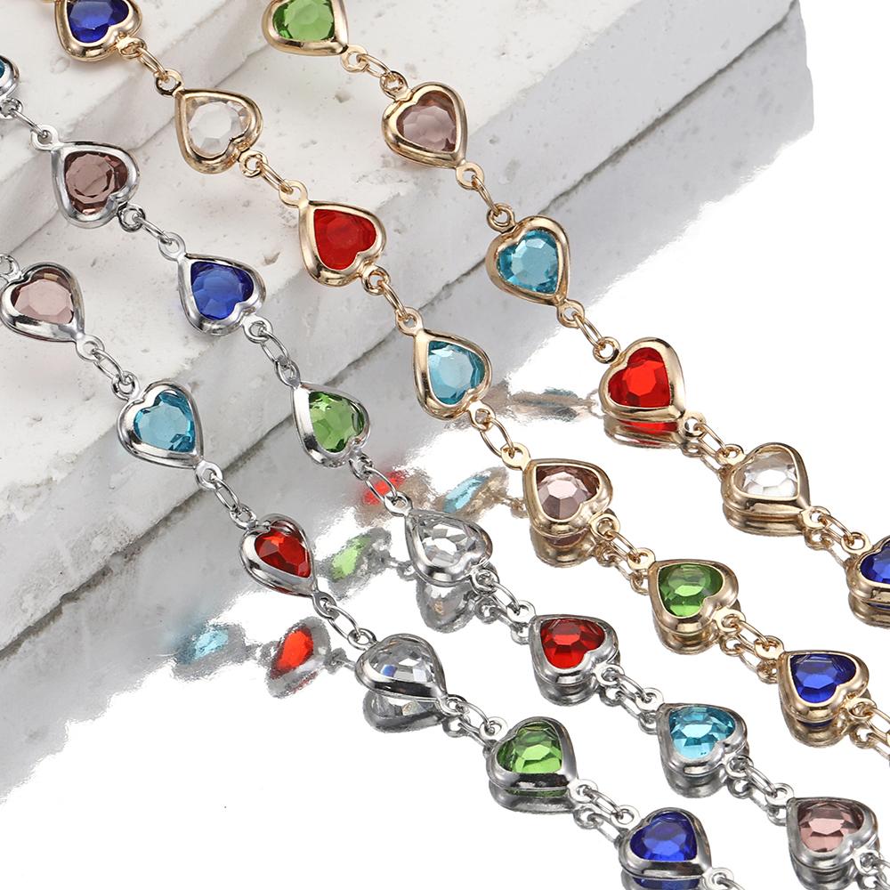 1meter Love Heart Crystal Bead Chains Glass Beads Copper Chain for Necklace Bracelet DIY Jewelry Making Component Supplies