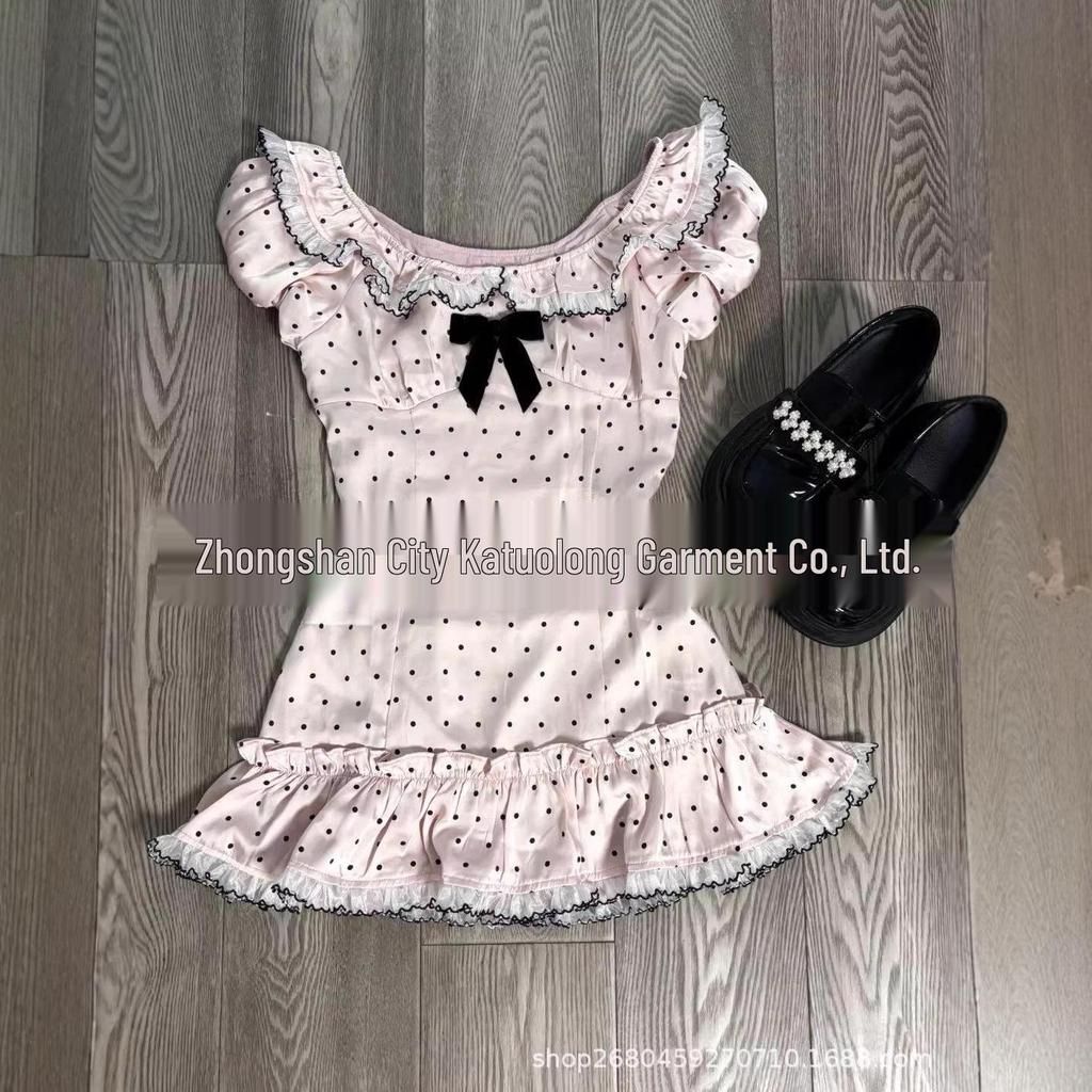 Sweet Girl Pink Polka Dot Ruffle Bow Slimming Date T-Shirt - Women's Short Sleeve Top