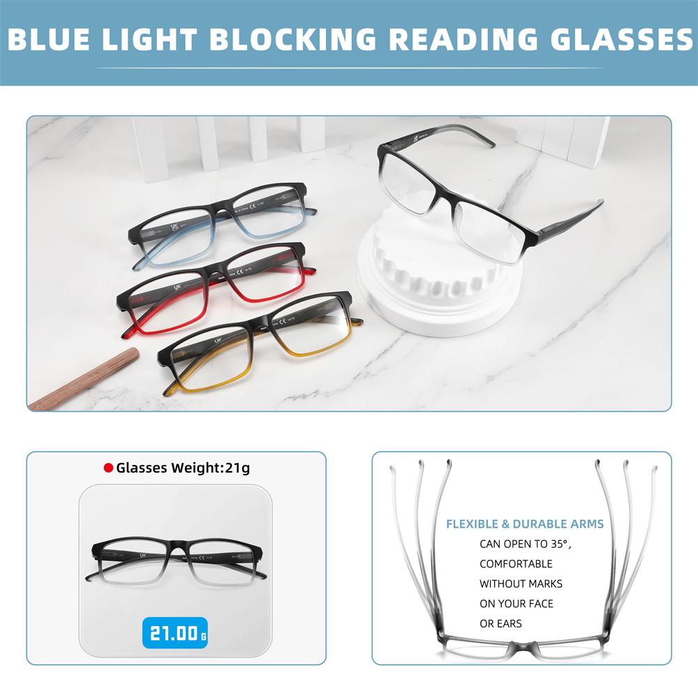 MODFANS Stylish Gradient Rectangle gentlemen's Blue Blackout Reading Glasses UV Protection Comfort Spring Hinge Glasses