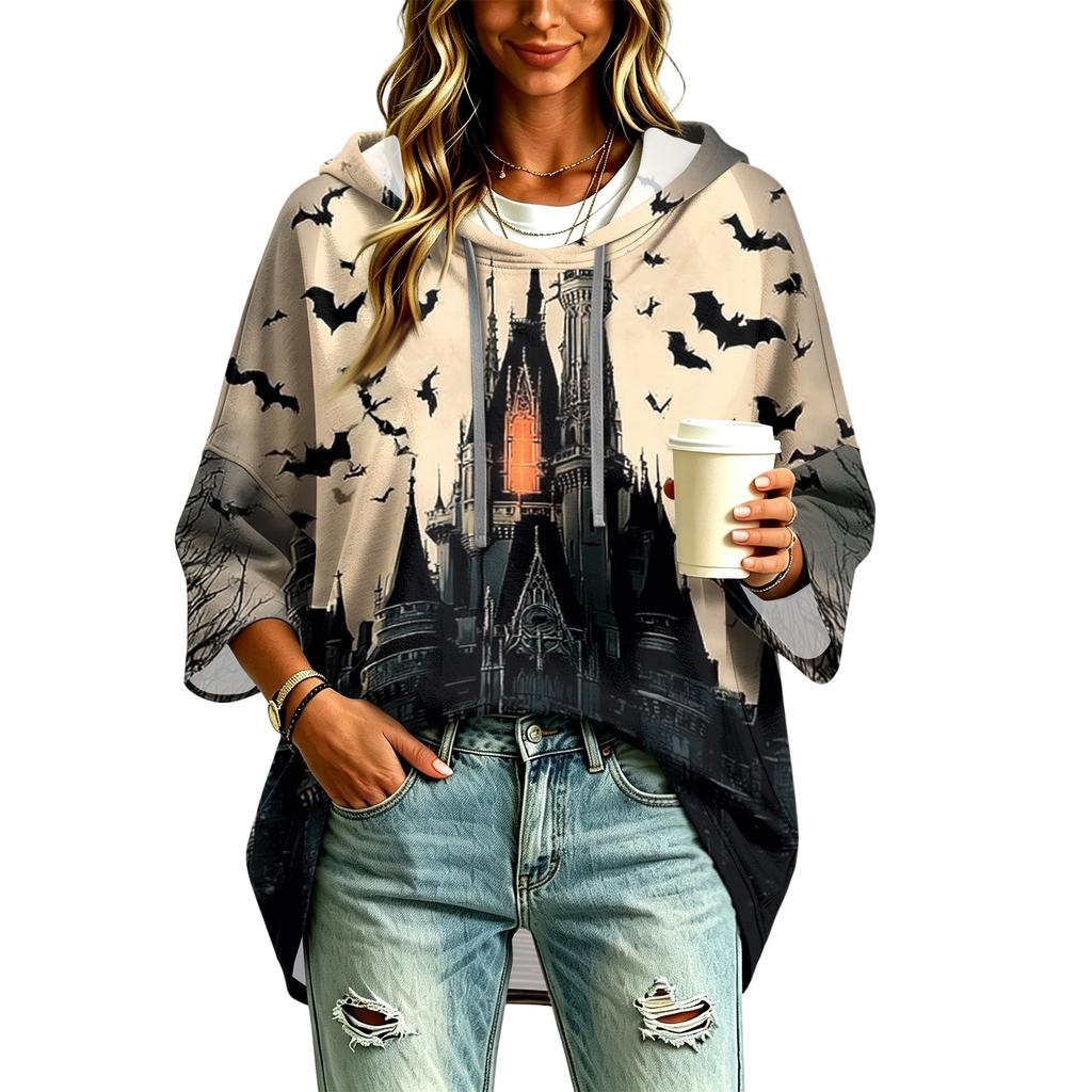 Women's Fashionable Three-Quarter-Sleeve Halloween-Printed Hooded Pullover