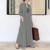 Abito Lungo Camicia da Donna con Maniche Lunghe, Scollo a V, Bottoni e Tasche in Cotone