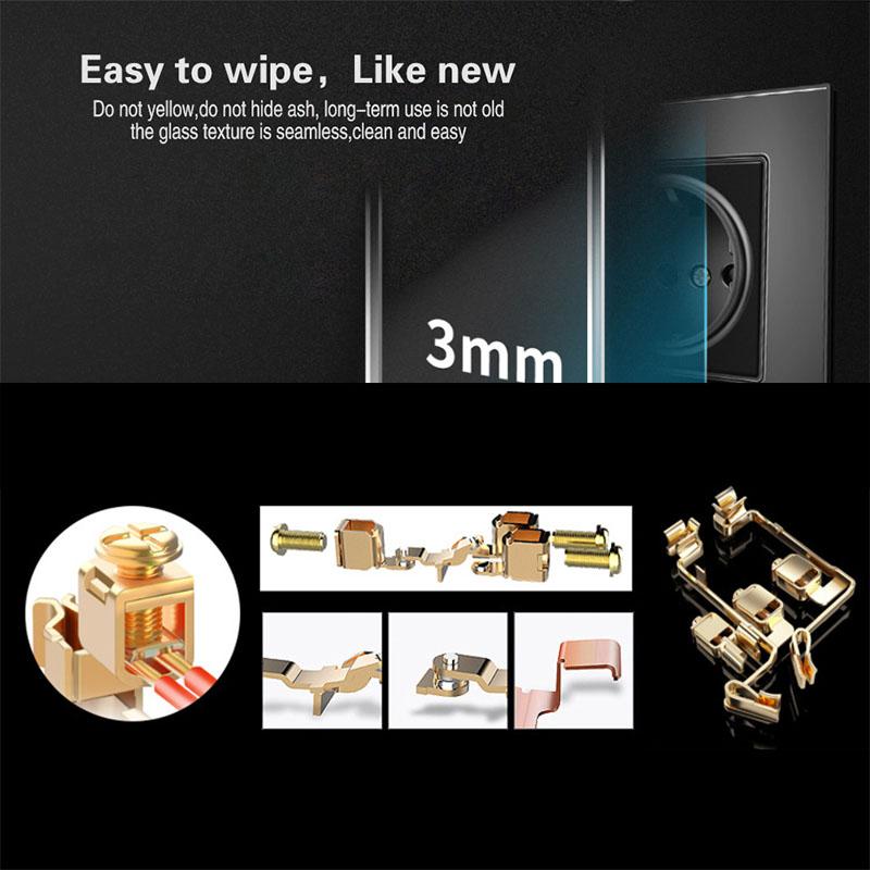 Bseed Europe Russia 16A Wall Power Socket White Black Grey Gold Crystal Glass Panel Plug Electrical Outlet for Home Improvemet