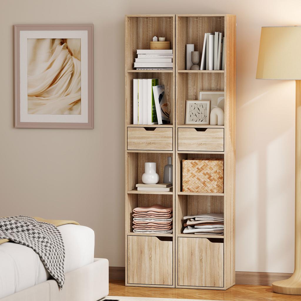 Bookcase Storage Unit, Drawer, Cupboard, Open Compartments, 30 x 24 x 158 cm, Natural