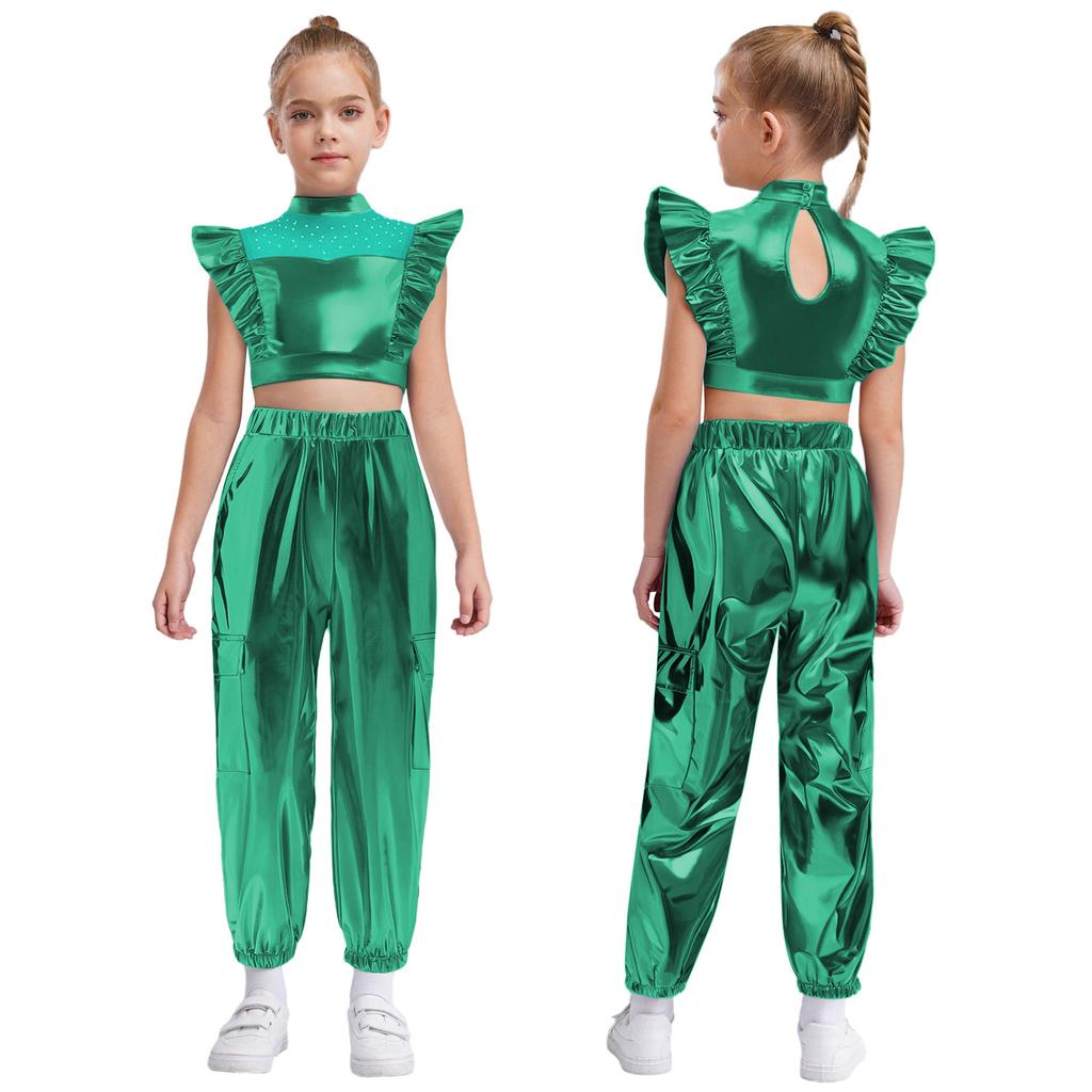 Kids Girls Hip-Hop Jazz Dance Set Mock Neck Rhinestone Mesh Patchwork Sleeveless Metallic Ruffle Crop Top with Shiny Cargo Pants
