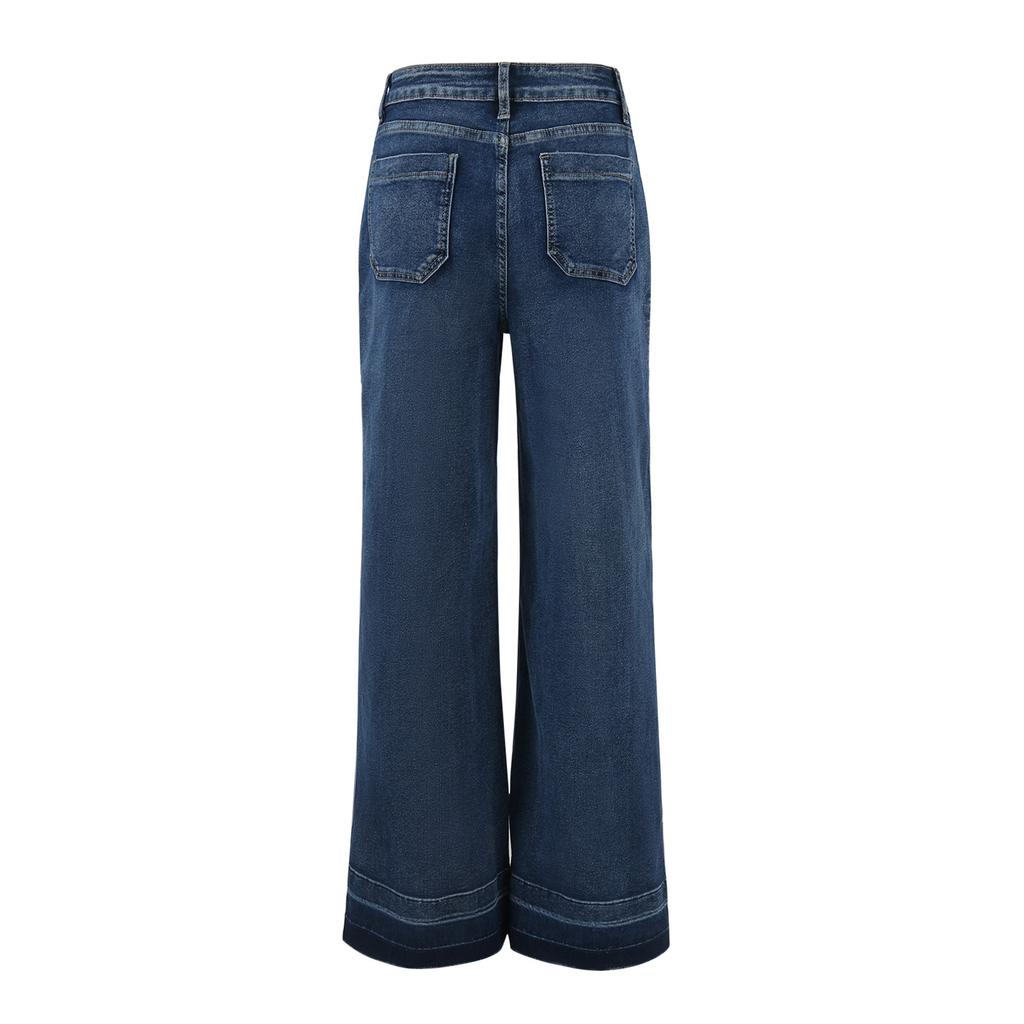 Wide Straight Leg Mid-Rise Loose Pocket Jeans (No Belt) Denim Wide Leg Pants