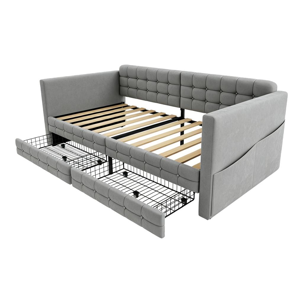 Upholstered Sofa Bed 90x190, Checkered Pattern, Storage Compartments On Sides, Two Drawers Under Bed, Guest or Single Bed, Velvet Fabric, Light Grey